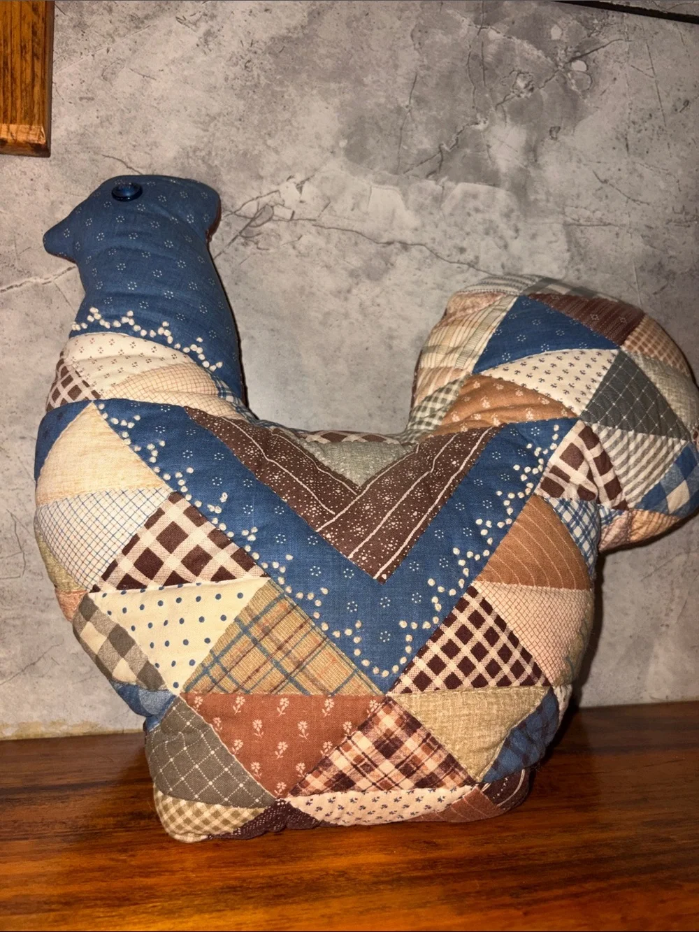 Vintage 90s Patchwork Quilted Chicken  Accent Pillow in Blue and Brown Handmade